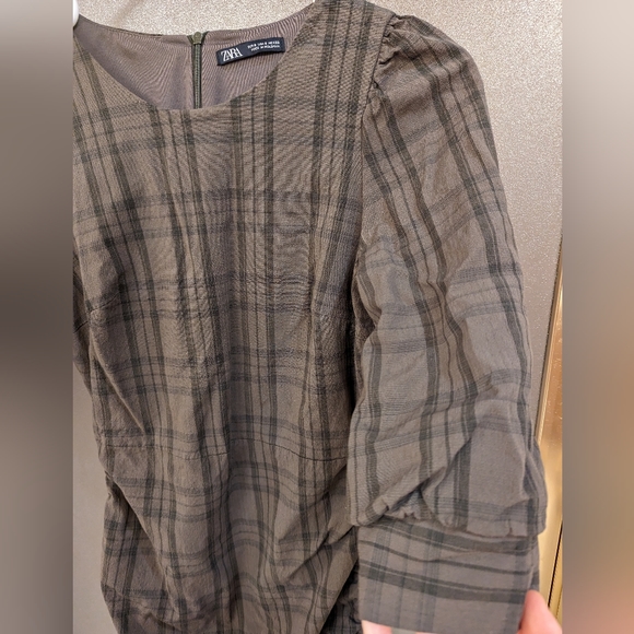 Zara Plaid Ruched Mini Dress Green Grey Sz Small - Picture 6 of 7